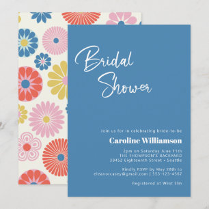 Invitación Ducha de novia escandinava boho folk flor azul