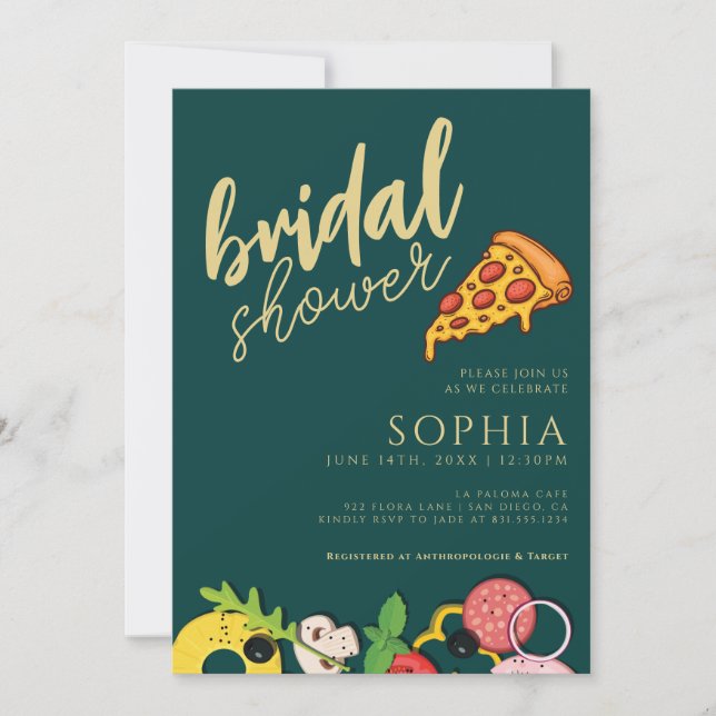 Invitación Ducha de novia Esmeralda Verde Oro PIZZA Moda mode (Anverso)