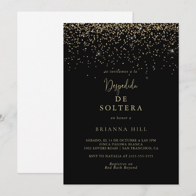 Invitación Ducha de novia española con guión de confetti dora (Anverso / Reverso)