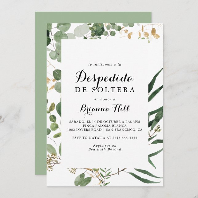 Invitación Ducha de novia española verde de oro geométrico (Anverso / Reverso)