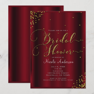 Invitación Ducha de Novia Esquina de Confeti Rojo y Dorado en