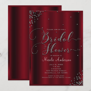Invitación Ducha de Novia Esquinas de Confeti Rojo y Plateado