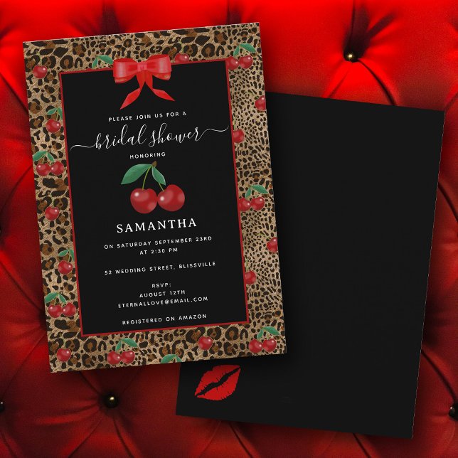 Invitación Ducha de Novia Estampado Animal Leopardo Guepardo  (Leopard Cheetah Animal Print Cherry Bridal Shower Invitation)