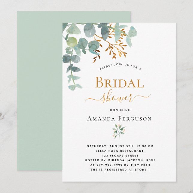 Invitación Ducha de novia eucalipto verde oro moderno (Anverso / Reverso)