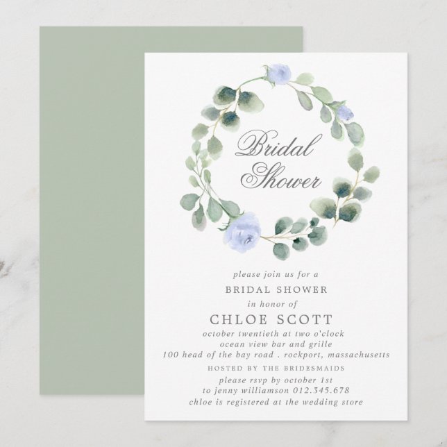 Invitación Ducha de novia Eucalyptus Floral Azul (Anverso / Reverso)