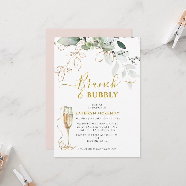 Invitación Ducha de novia Eucalyptus Gold Pink Rubor Bridal (Anverso/Reverso In Situ)