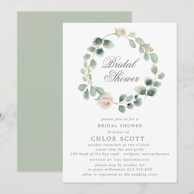Invitación Ducha de novia Eucalyptus White Floral (Anverso / Reverso)