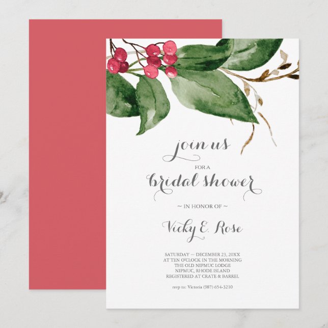 Invitación Ducha de novia fiesta de feriado en Berries Rojas (Anverso / Reverso)