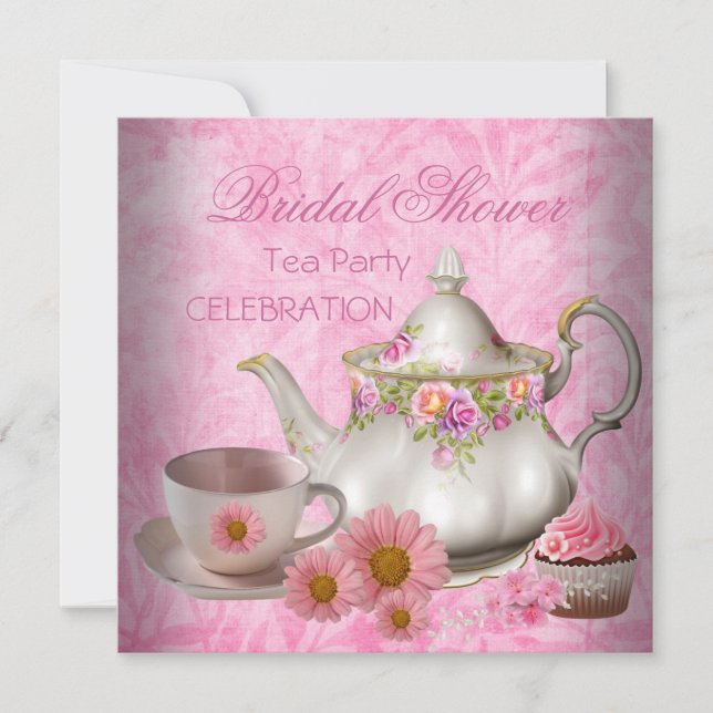 Invitación Ducha de novia Fiesta de té con flores rosadas (Anverso)