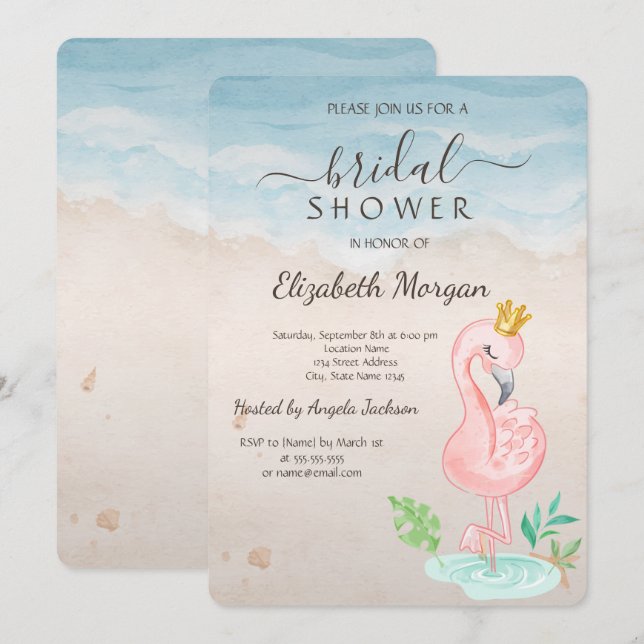 Invitación Ducha de Novia Flamingos Rosados Conchas de Playa (Anverso / Reverso)