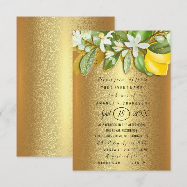 Invitación Ducha de novia Flor Brunch Lemon Tree Gold (Anverso / Reverso)