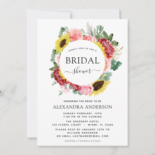Invitación Ducha de novia Flor de girasol Eucalipto Floral Wr (Anverso)