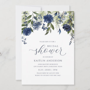 Invitación Ducha de Novia Flor Silvestre Verde Oscuro Azul