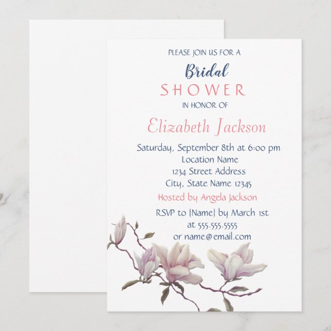 Invitación Ducha de Novia Flor Simple, Magnolia (Anverso / Reverso)