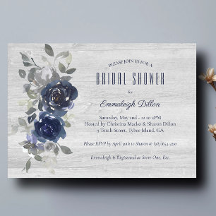 Invitación Ducha de Novia Floral Acuarela Azul Marino Plata