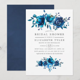 Invitación Ducha de Novia Floral Acuarela Azul Marino y Blanc