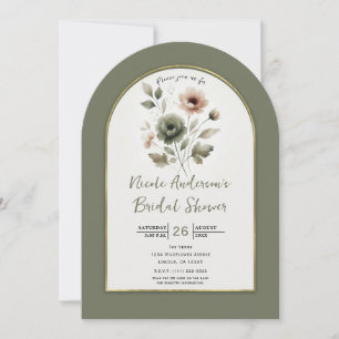 Invitación Ducha de Novia Floral Acuarela Polvo Oliva y Rosa