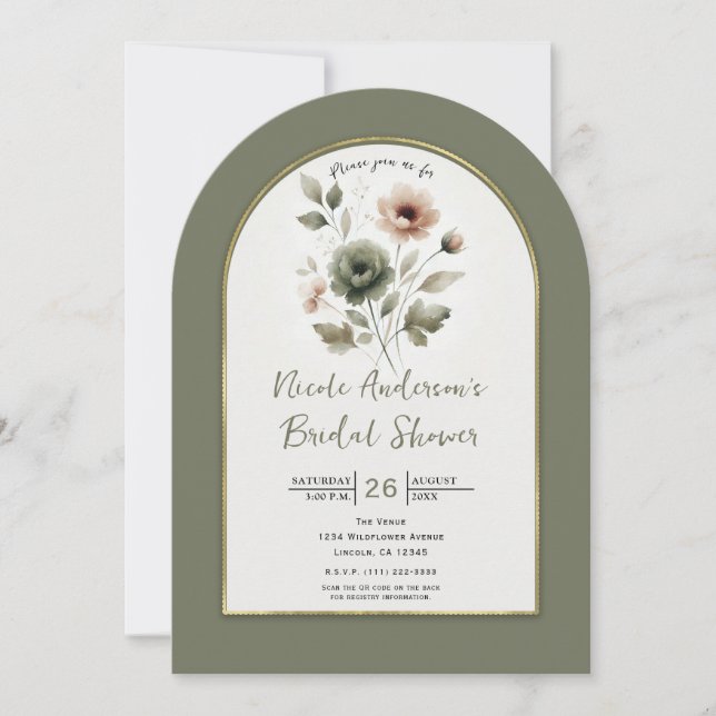 Invitación Ducha de Novia Floral Acuarela Polvo Oliva y Rosa (Anverso)