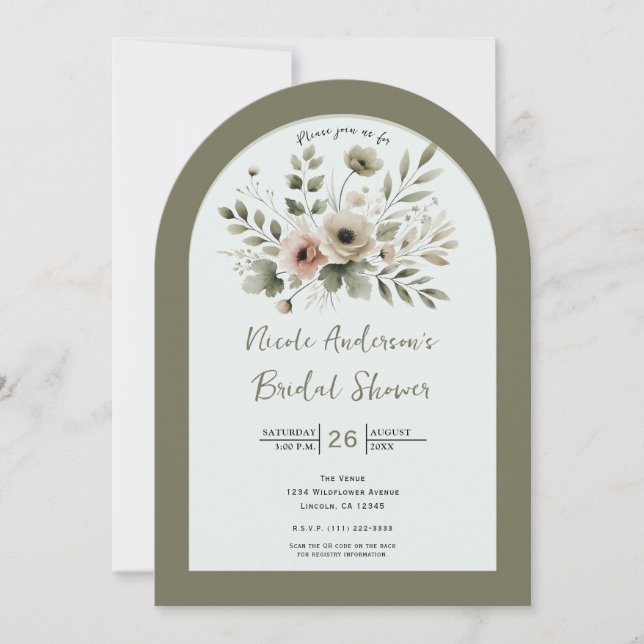Invitación Ducha de Novia Floral Acuarela Verde Oliva Caqui (Anverso)