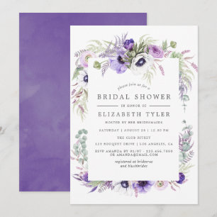 Invitación Ducha de Novia Floral Acuarela Violeta Polvoriento