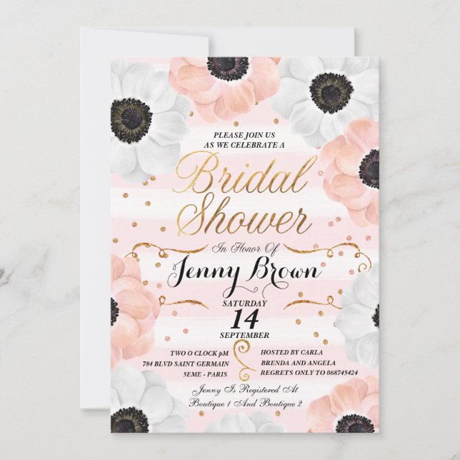 Invitación Ducha de novia floral anémica rosa y blanca de Rub (Anverso)