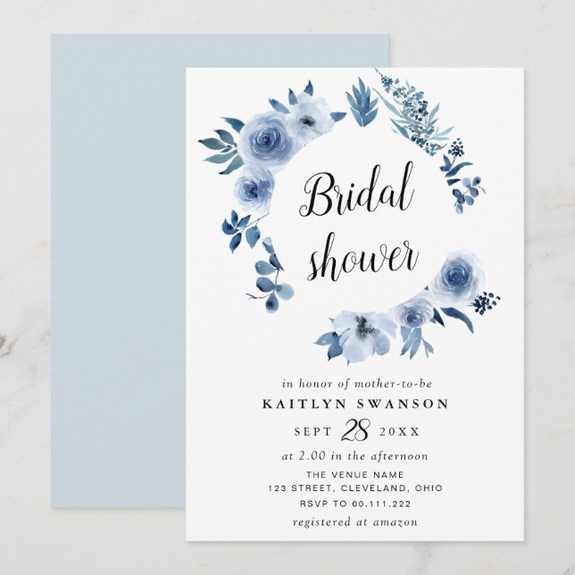 Invitación Ducha de novia floral azul acuático (Anverso / Reverso)