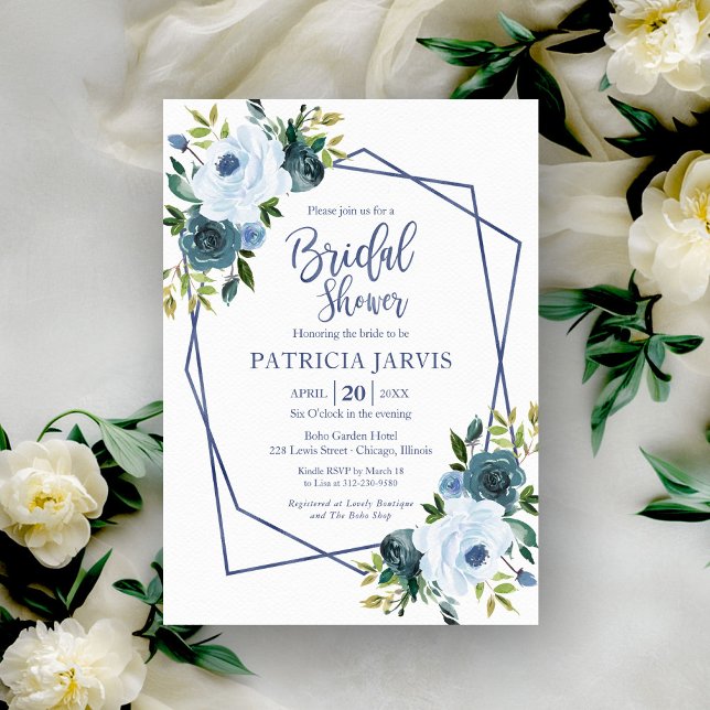 Invitación Ducha de novia floral azul con polvo geométrico (Subido por el creador)