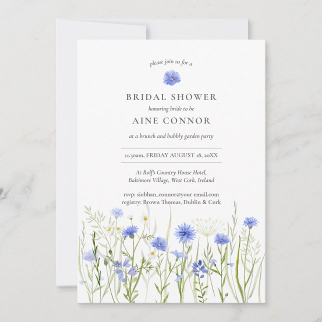 Invitación Ducha de novia floral azul, flores silvestres de v (Anverso)