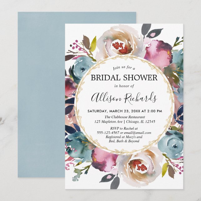 Invitación Ducha de novia floral azul marino burdeos (Anverso / Reverso)