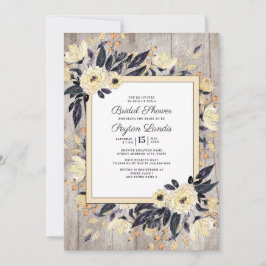 Invitación Ducha de Novia Floral Azul Marino Crema Madera Rús