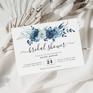 Invitación ducha de novia floral azul marino pintada