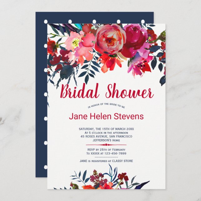 Invitación Ducha de novia floral azul marino rojo bohemia (Anverso / Reverso)