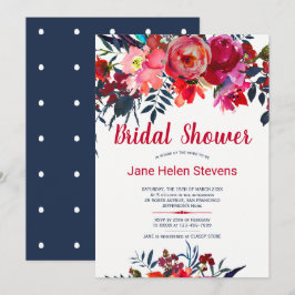Invitación Ducha de novia floral azul marino rojo bohemia