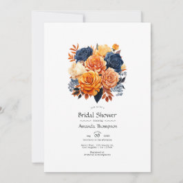 Invitación Ducha de Novia Floral Azul Marino y Naranja