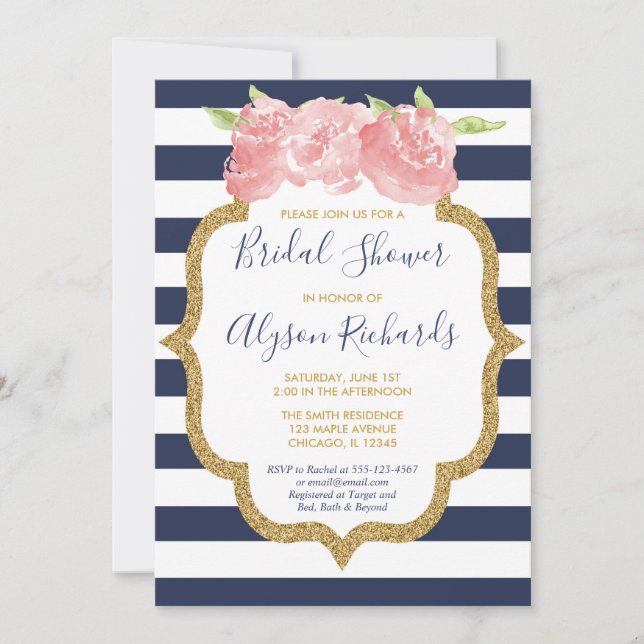 Invitación Ducha de novia floral azul marino y rosa (Anverso)