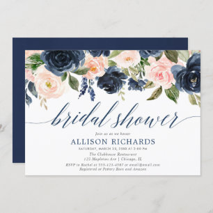 Invitación Ducha de novia floral azul marino y rosa negro