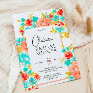 Invitación Ducha de novia floral azul naranja brillante