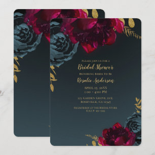 Invitación Ducha de Novia Floral Azul Oscuro con Verde Dorado