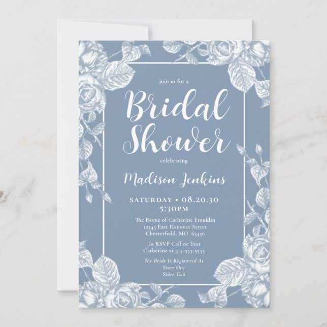Invitación Ducha de Novia Floral Azul Polvoriento (Anverso)