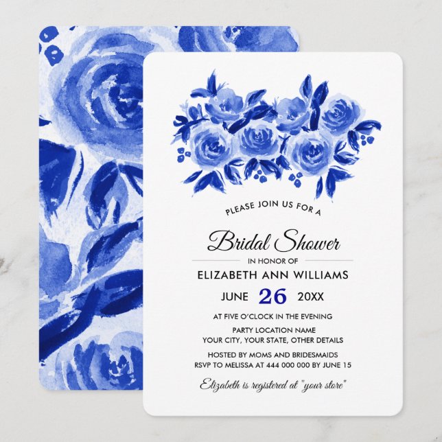 Invitación Ducha de novia floral azul real (Anverso / Reverso)