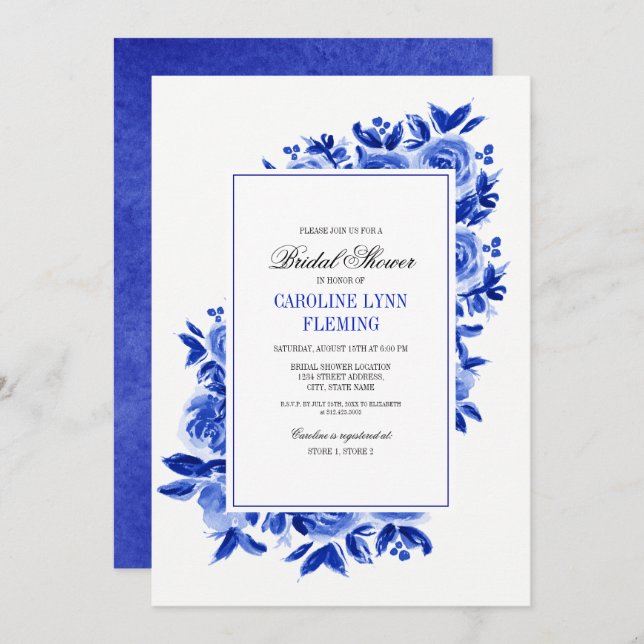 Invitación Ducha de novia floral azul real (Anverso / Reverso)