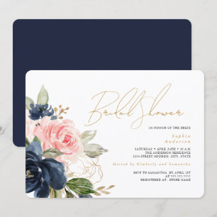 Invitación Ducha de Novia Floral Azul Rey Dorado