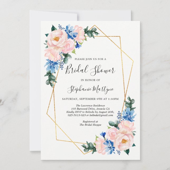 Invitación Ducha de novia floral azul rosa geométrica (Anverso)