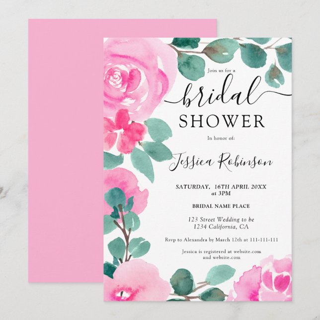 Invitación Ducha de novia floral azul rosa oscuro (Anverso / Reverso)