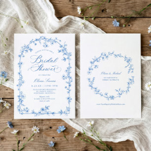 Invitación Ducha de Novia Floral Azul Toile Francés Antiguo
