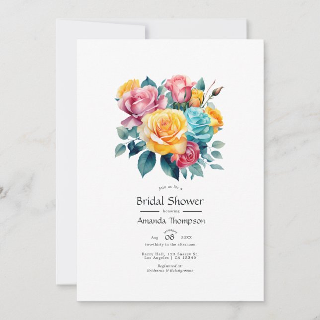 Invitación Ducha de novia floral azul turquesa, amarilla y ro (Anverso)