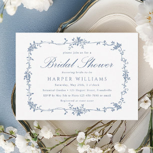 Invitación Ducha de novia floral azul victoriana clásica