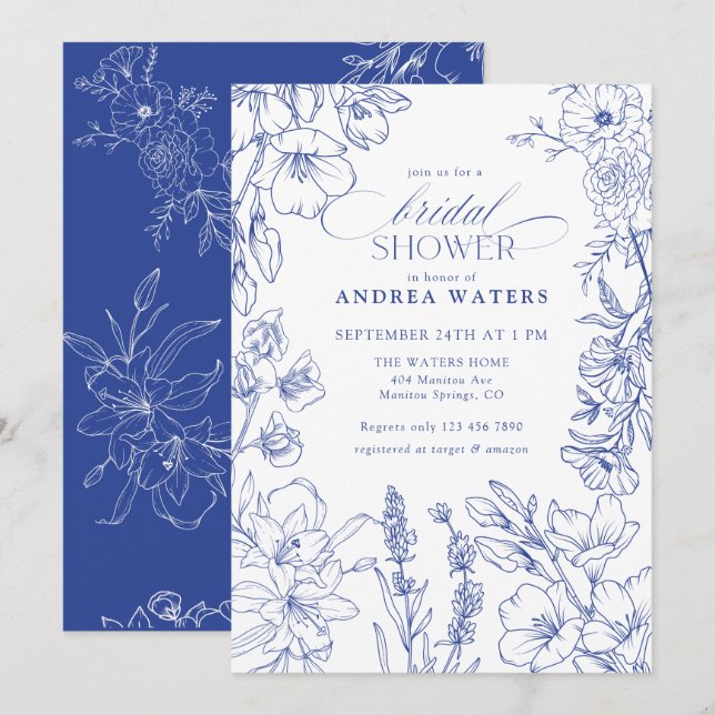 Invitación Ducha de novia floral azul y blanca (Anverso / Reverso)