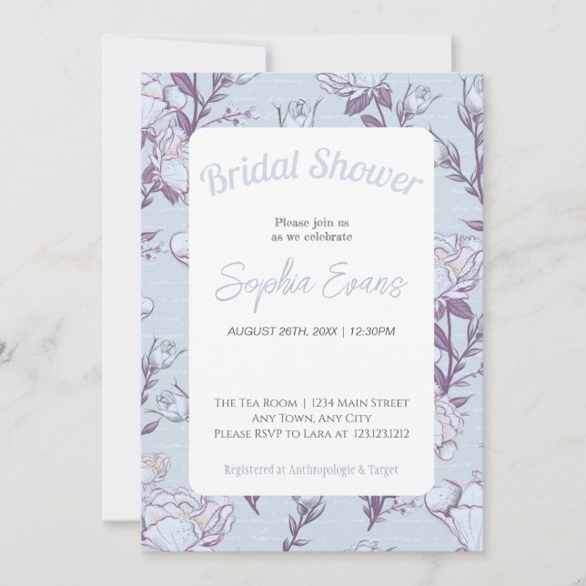 Invitación Ducha de novia floral azul y blanca bordeada (Anverso)