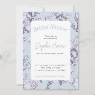 Invitación Ducha de novia floral azul y blanca bordeada